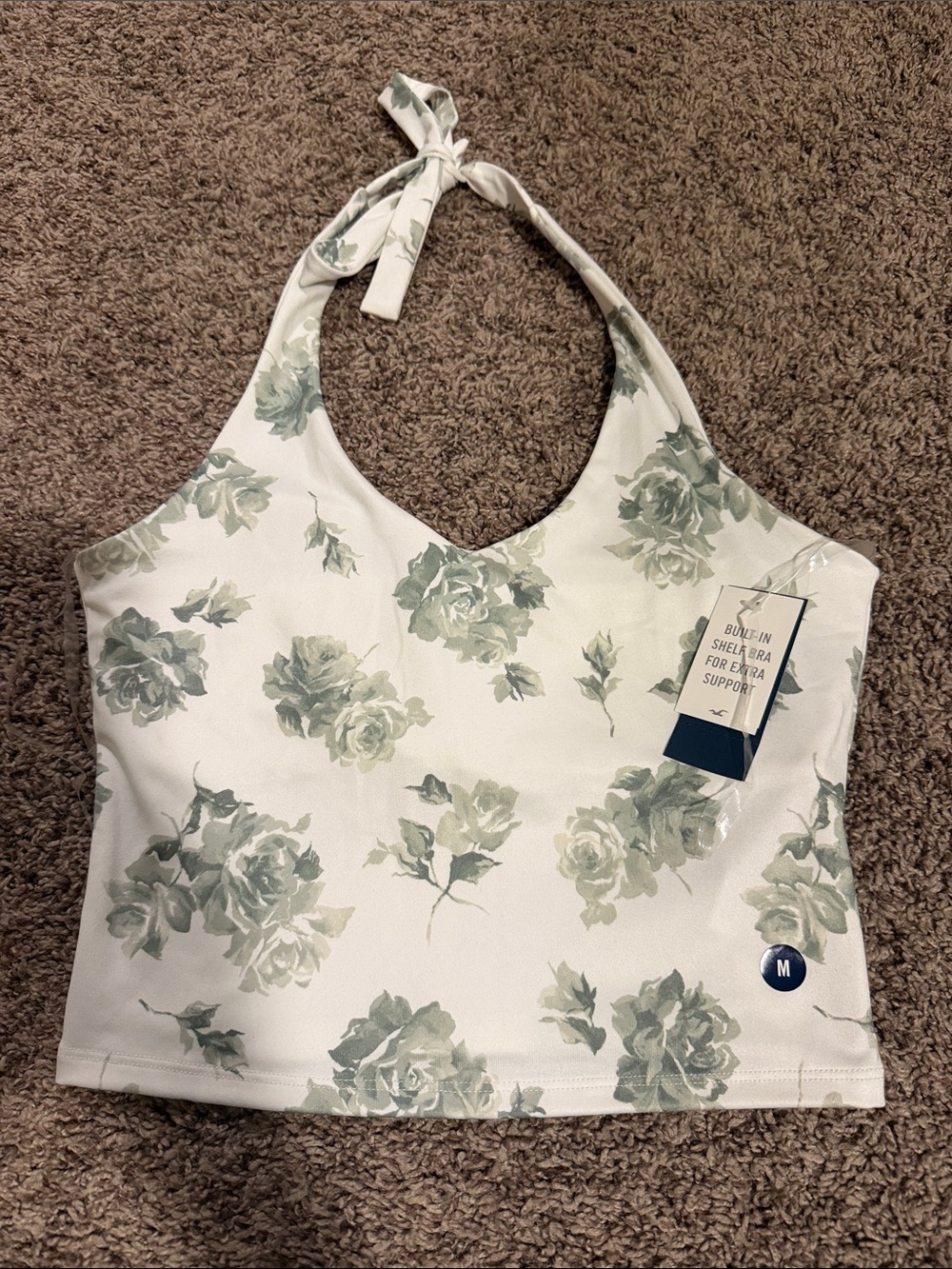 Hollister White Halter Crop Top with Sage Green Floral Print